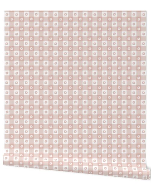 Blush  and White Gingham Floral Check with Center Floral Medallions in Blush and White Wallpaper