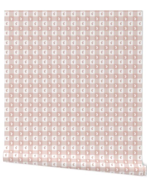Blush and White Gingham Easter Check with Center Bunny Medallions in Blush and White Wallpaper
