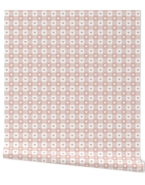 Blush and White Gingham Valentines Check with Center Heart Medallions in Blush and White Wallpaper