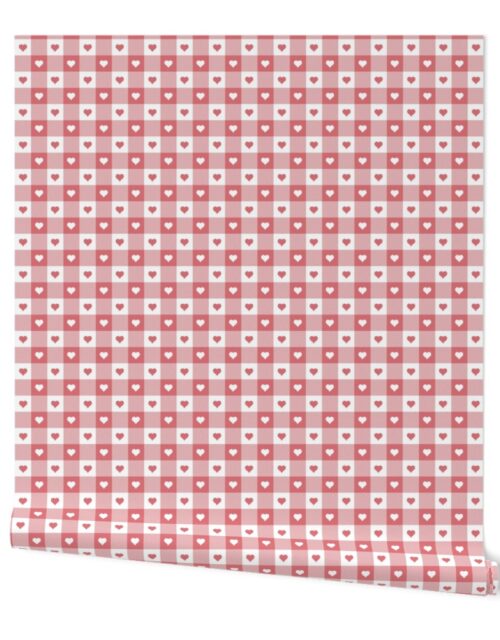 Watermelon and White Gingham Valentines Check with Center Heart Medallions in Watermelon and White Wallpaper