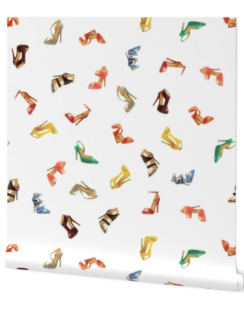 Vintage Multicolor Watercolor High Heel Shoes Tossed Pattern Wallpaper