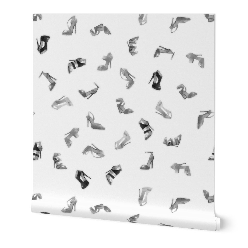 Vintage Black and White Watercolor High Heel Shoes Tossed Pattern Wallpaper