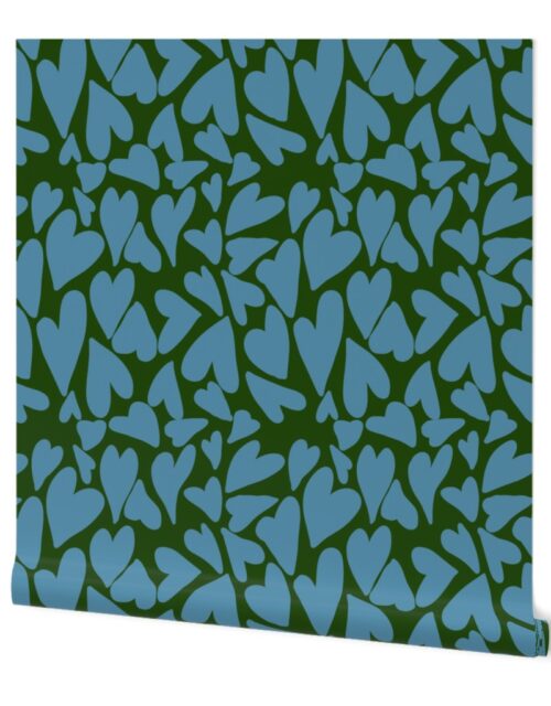Crazy Small Hearts in Blue on Evergreen Wallpaper