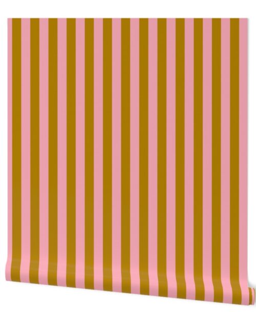 Ochre and Pink 1 Inch Vertical Cabana Stripes Wallpaper