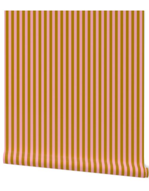 Ochre and Pink 1 /2 Inch Vertical Cabana Stripes Wallpaper