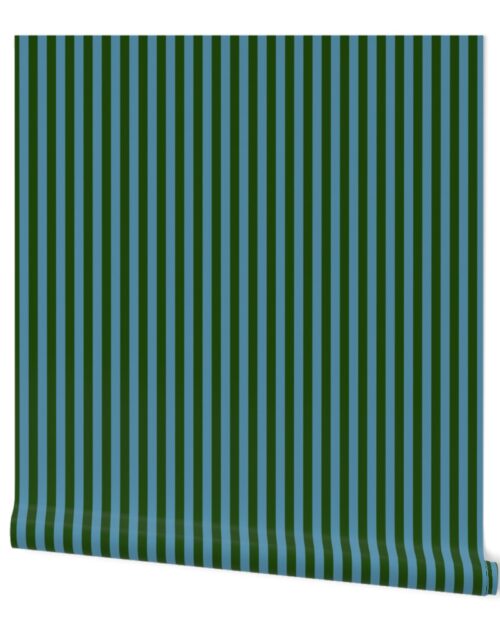 Evergreen and Blue 1/2  Inch Vertical Cabana Stripes Wallpaper