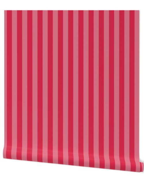 Red Hot and Dark Pink 1 Inch Vertical Cabana Stripes Wallpaper