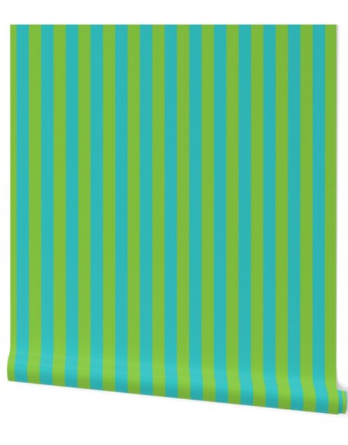 Aqua and Lime 1 Inch Vertical Cabana Stripes Wallpaper
