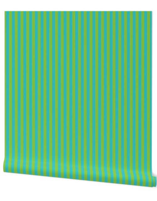 Aqua and Lime 1 /2 Inch Vertical Cabana Stripes Wallpaper