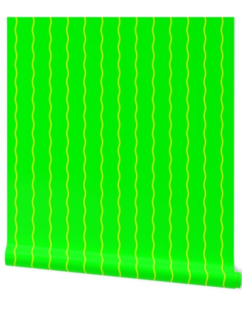 Single Squiggly Yellow Lines on Neon Green Wallpaper