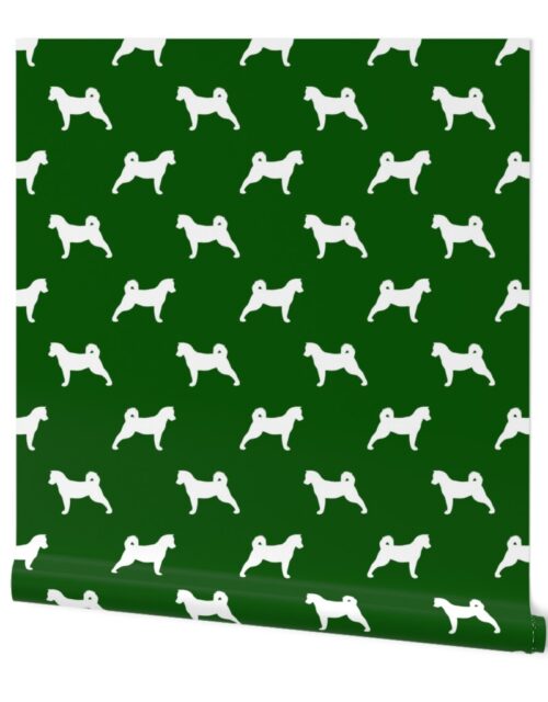Akita Dog in White Silhouette on Solid Hunter Green Wallpaper