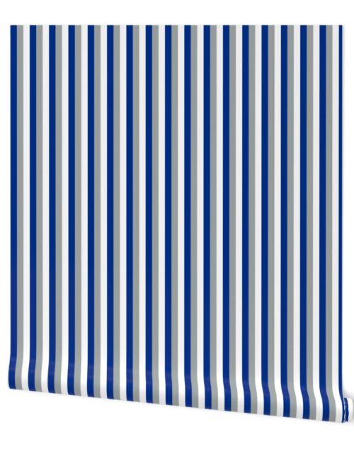 One Inch Vertical Grey, Blue and White OL School Tri-Colors Stripes Wallpaper