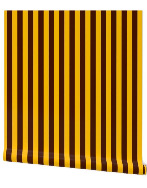 One Inch Vertical Brown and Gold BV School Colors Stripes Wallpaper