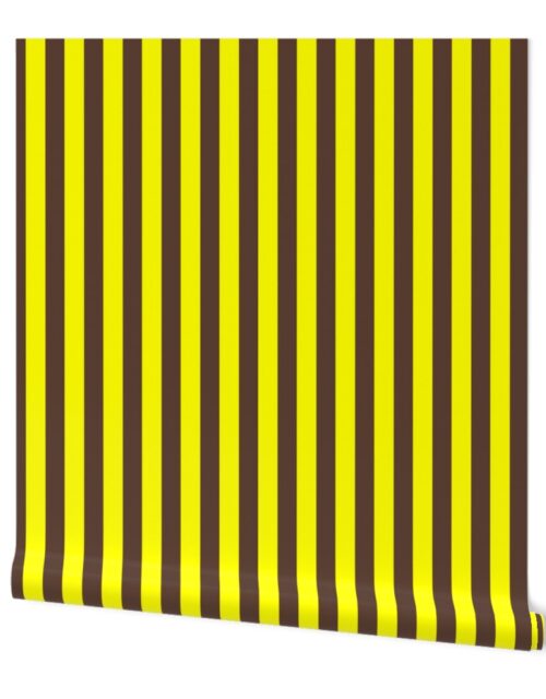 One Inch Vertical Yellow and Brown School Colors Stripes Wallpaper