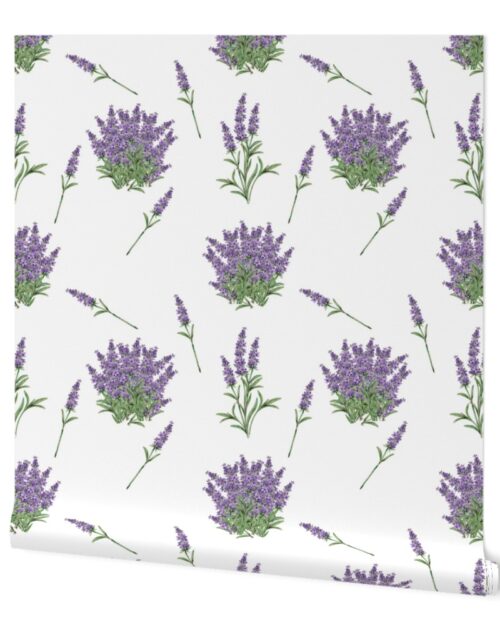 Lavender Floral Sprig  on White Wallpaper