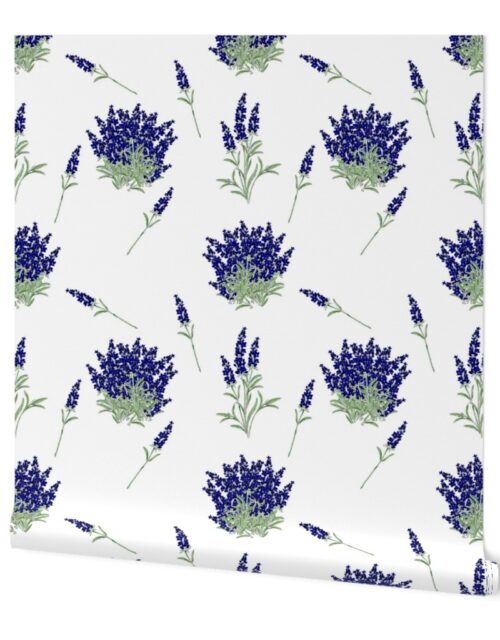 Cobalt Blue Floral Sprig  on White Wallpaper