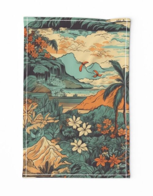 Vintage Hawaiian Landscape Teal Tea Towel