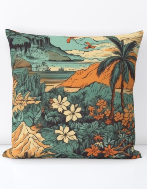 Vintage Hawaiian Landscape Teal Square Throw Pillow