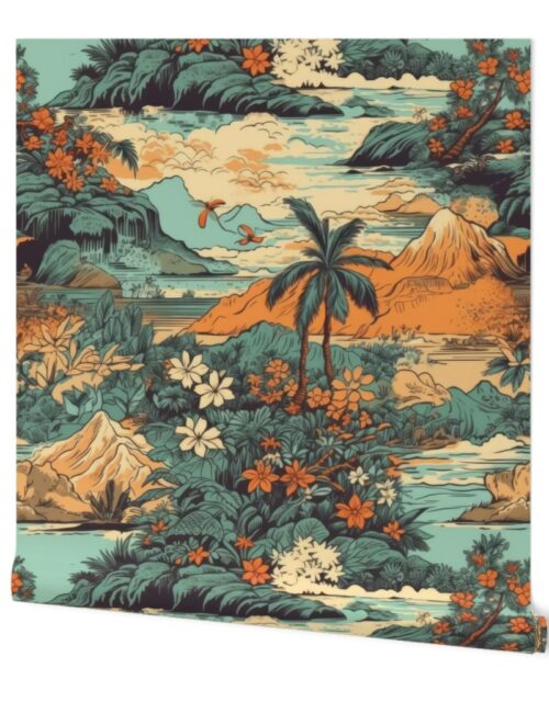 Vintage Hawaiian Landscape Teal Wallpaper