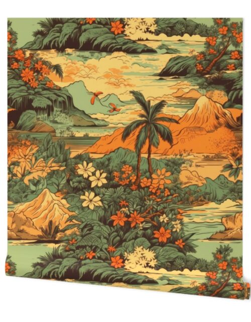Vintage Hawaiian Landscape Green Wallpaper