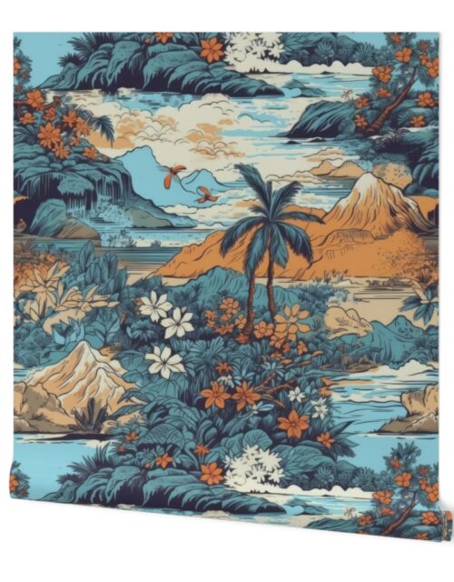 Vintage Hawaiian Landscape Blue Wallpaper