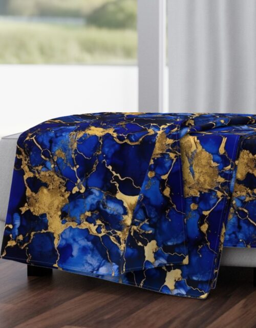 Cobalt Blue and  Gold Alcohol Ink 3 Throw Blanket