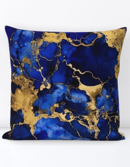 Cobalt Blue and  Gold Alcohol Ink 3 Square Throw Pillow