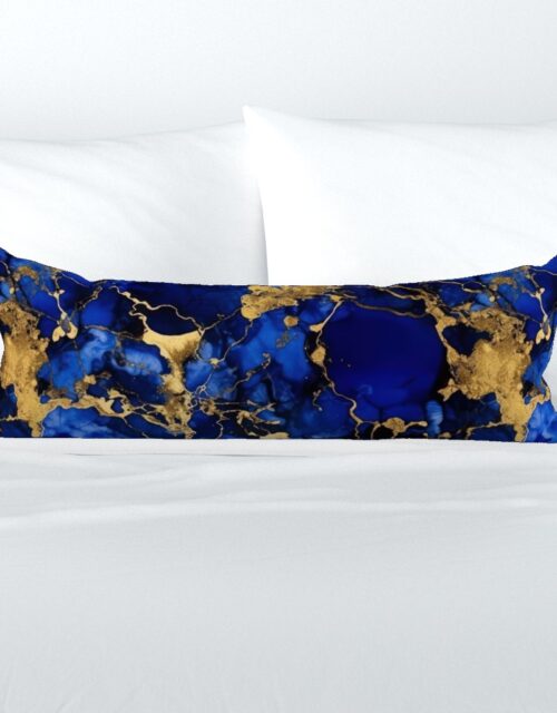 Cobalt Blue and  Gold Alcohol Ink 3 Extra Long Lumbar Pillow