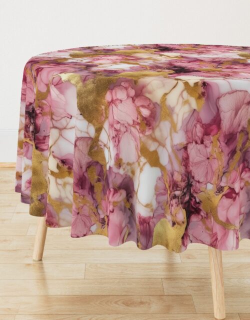 Rose Quartz and Gold Alcohol Ink 1 Round Tablecloth