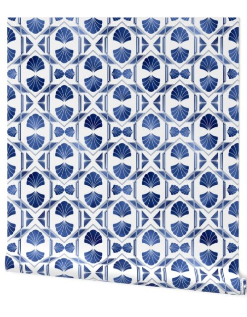 Scallop Shells in Blue and White Art Deco Vintage Foil Pattern Wallpaper