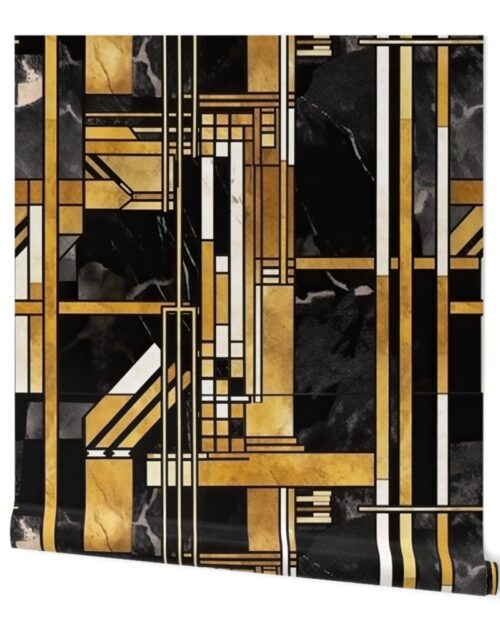 De_Stijl Geometric Art Deco Pattern in Black and Gold Wallpaper