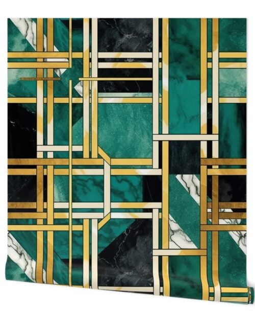 De_Stijl Geometric Art Deco Watercolor Pattern in Jade and Gold Wallpaper