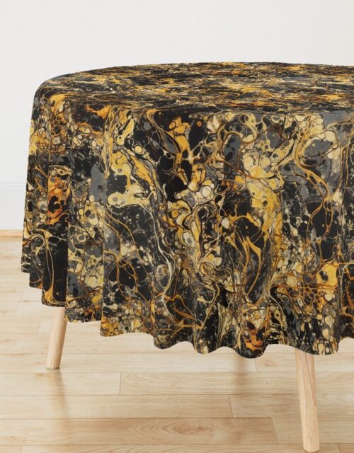 Black and Gold Drip Paint Splatter Technique Round Tablecloth