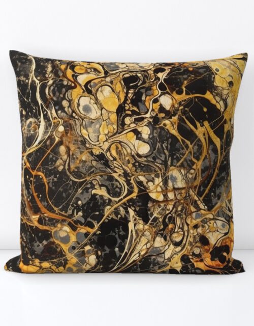 Black and Gold Drip Paint Splatter Technique Square Throw Pillow
