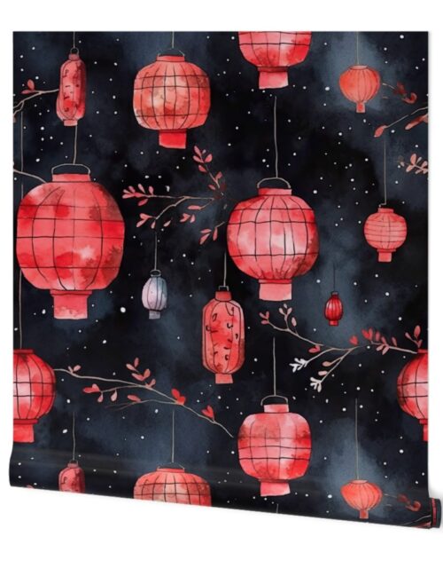 Red Glowing Chinese Paper Lanterns Watercolor Wallpaper