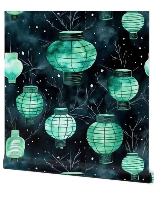 Jade Green Glowing Chinese Paper Lanterns Watercolor Wallpaper