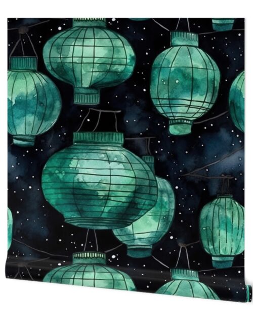 Jade Green Glowing Chinese Paper Lanterns Watercolor Wallpaper