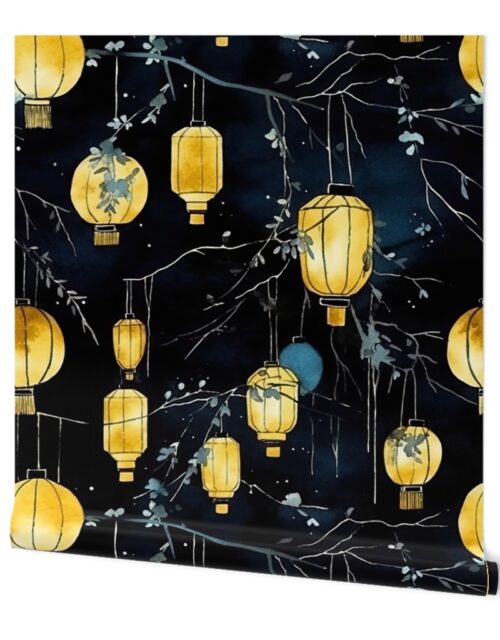 Yellow Glowing Chinese Paper Lanterns Watercolor Wallpaper