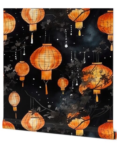 Orange Glowing Chinese Paper Lanterns Watercolor Wallpaper