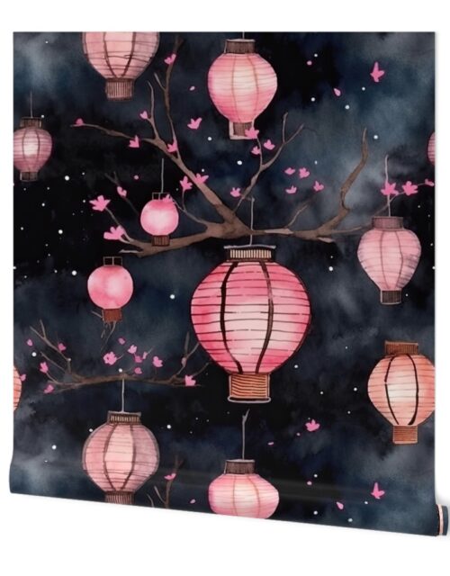 Small Pink Glowing Chinese Paper Lanterns Watercolor Wallpaper