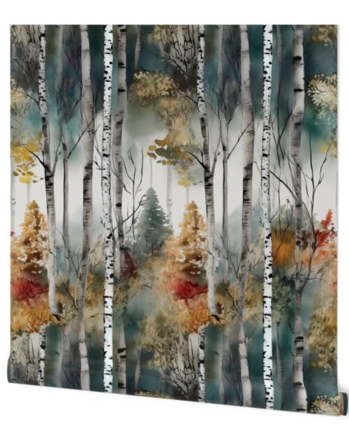 Endless Birch Tree Dreamscape Trees in Misty Forest Watercolor Wallpaper