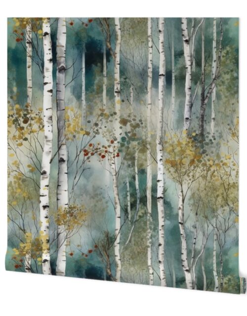 Endless Birch Tree Dreamscape Trees in Misty Forest Watercolor Wallpaper