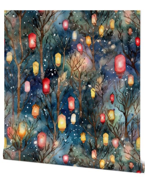 Watercolor Christmas Tree Farm with Christmas Lights Wallpaper
