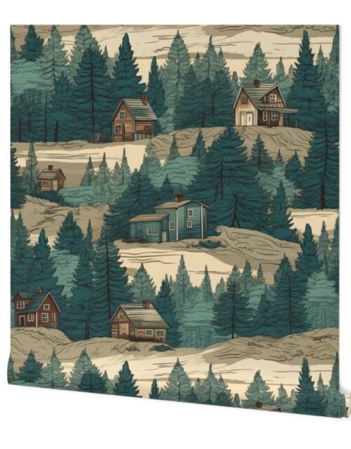Montana Treescape Evergreens with Cabins Wallpaper