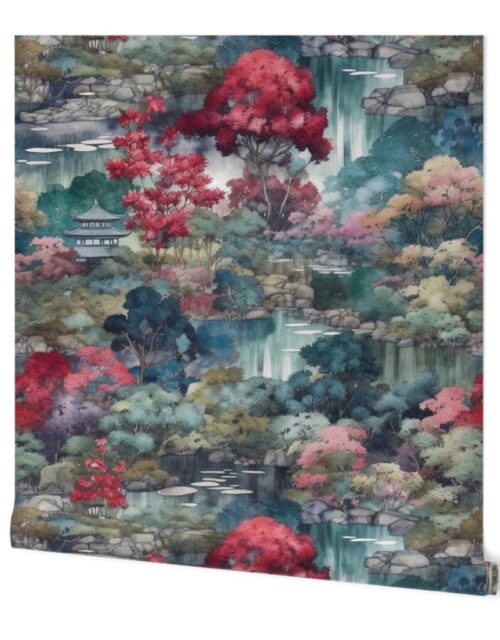 Japanese Water Garden Watercolor with Temples Wallpaper