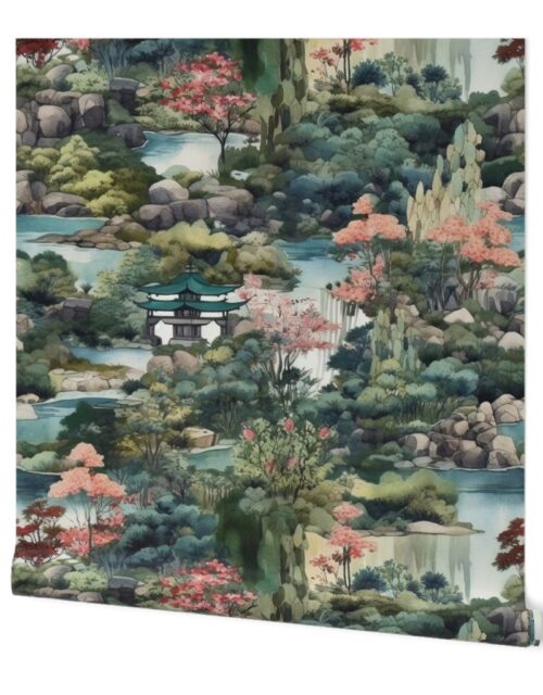 Japanese Water Garden Watercolor with Temples Wallpaper