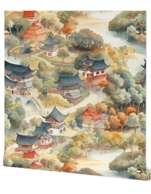 Chinese Village in Forest Watercolor Wallpaper