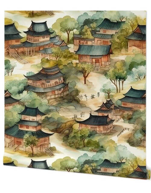 Chinese Village in Forest Watercolor Wallpaper