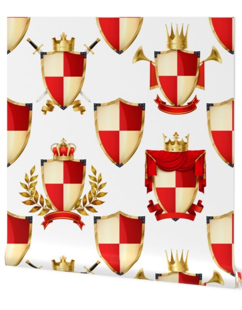 Heraldry Shields with Royal Crowns and Banners in Red on White Wallpaper