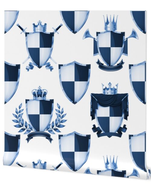 Heraldry Shields with Royal Crowns and Banners in Blue on White Wallpaper